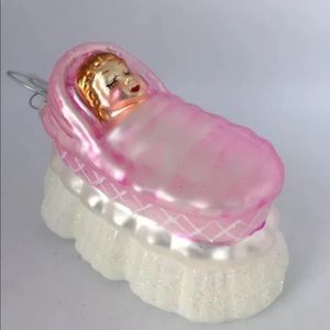 New Baby In Crib  Christmas Tree Ornament Pink Glass